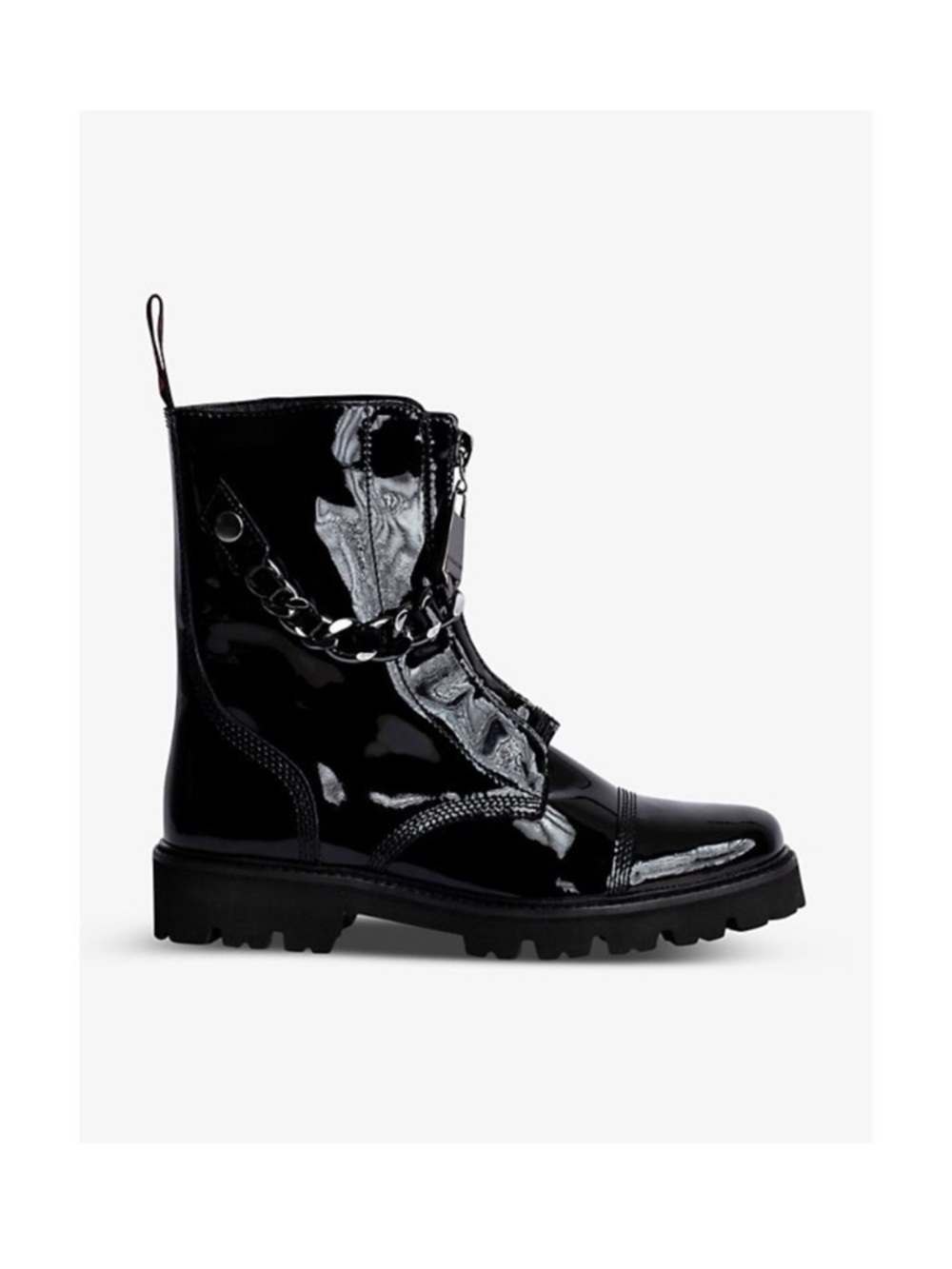Zadig & Voltaire Black Patent Combat Boot with Chain Accent